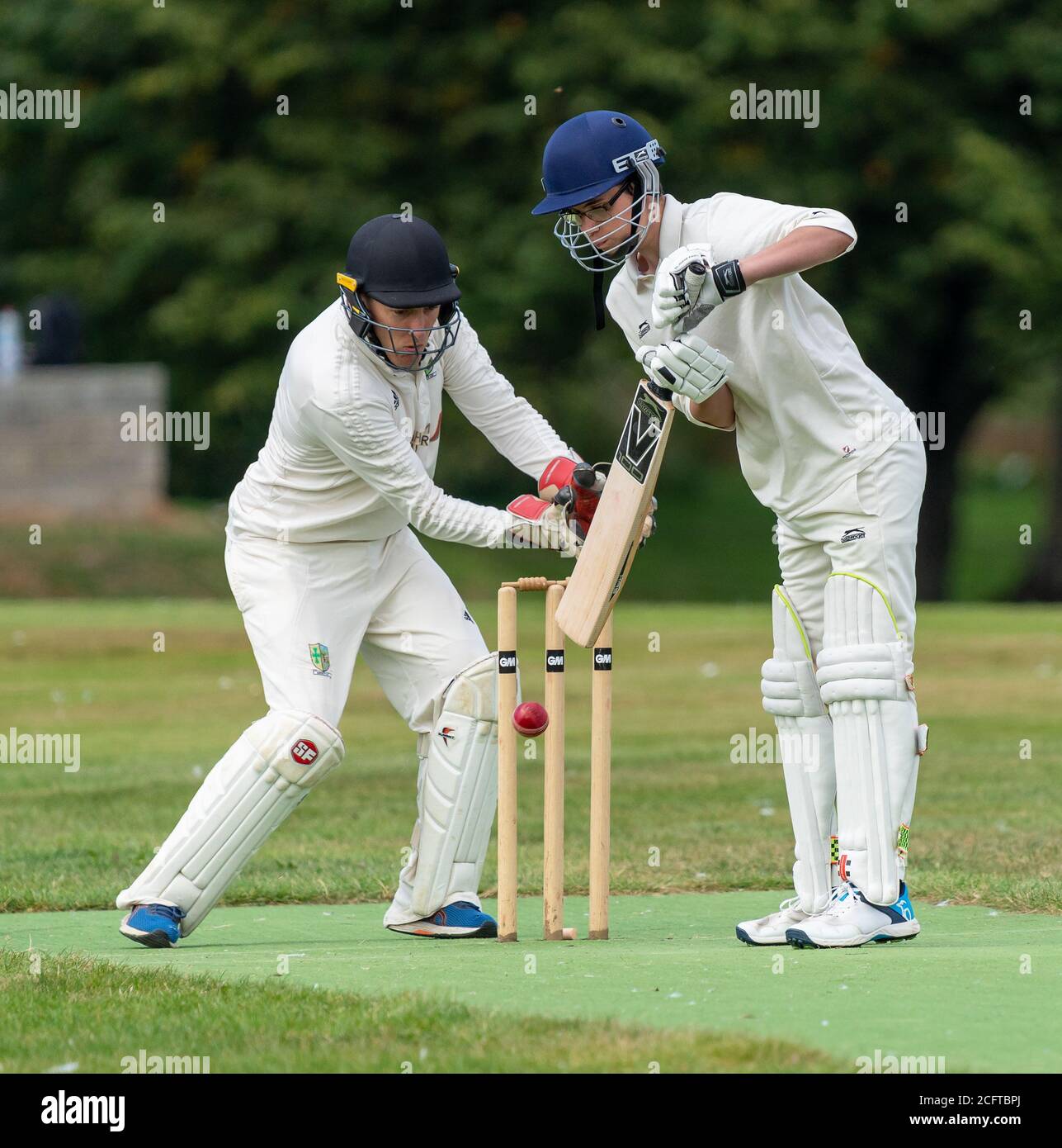 6 September 2020. Cooper Park, Elgin, Moray, Scotland, UK. This is members of RAF Lossiemouth and Elgin Cricket Clubs playing a match within the Coope Stock Photo