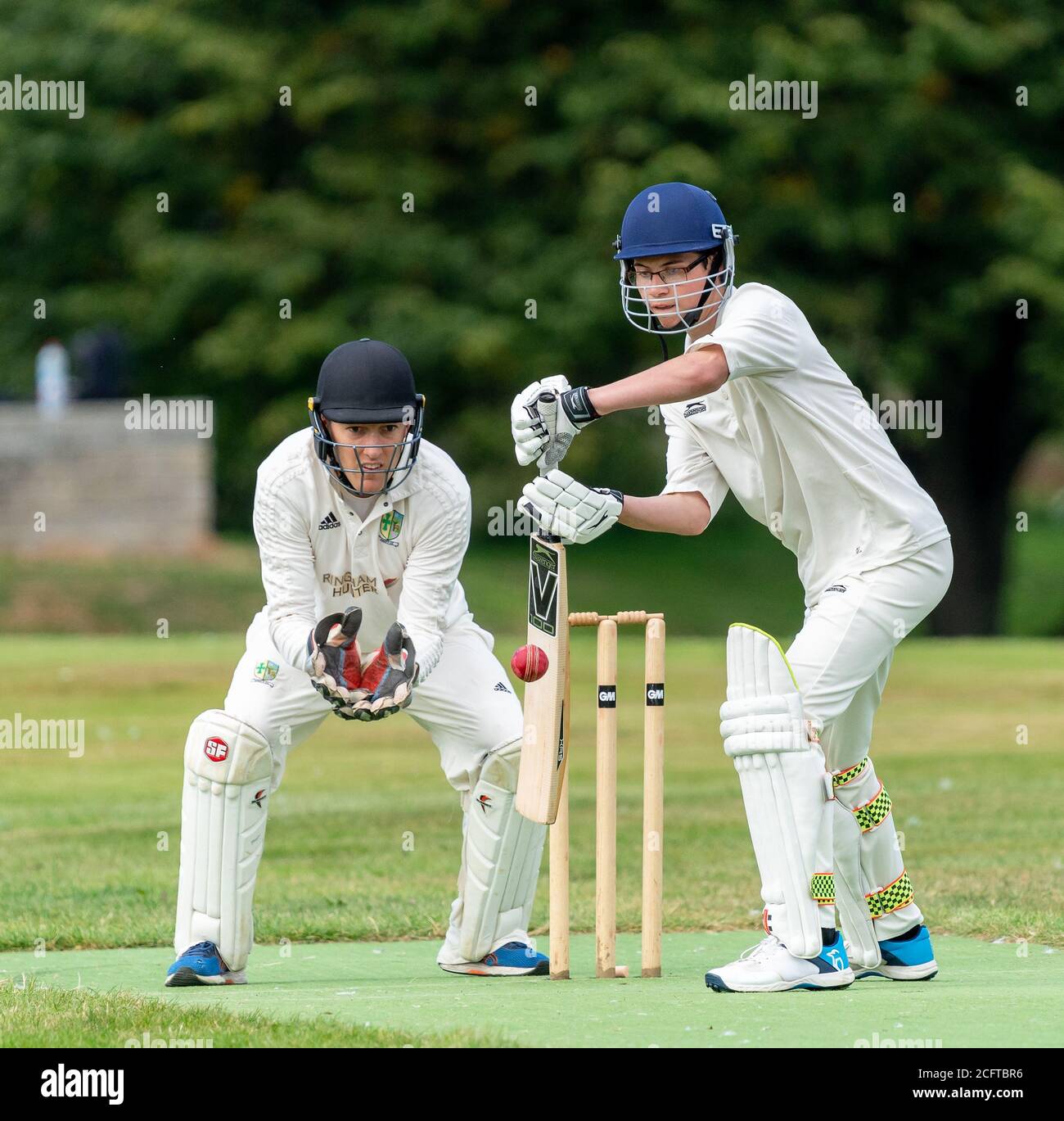 6 September 2020. Cooper Park, Elgin, Moray, Scotland, UK. This is members of RAF Lossiemouth and Elgin Cricket Clubs playing a match within the Coope Stock Photo