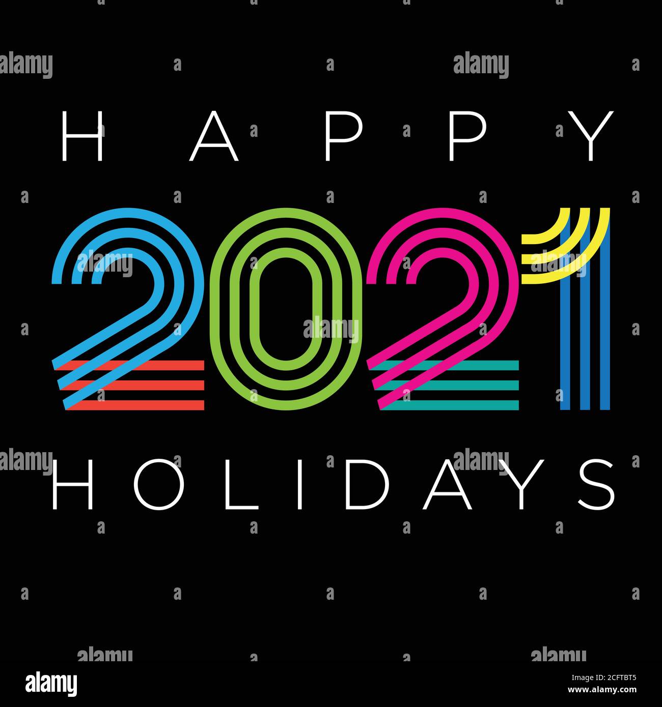 Happy holidays 2021 year. Bright festive colors on black background