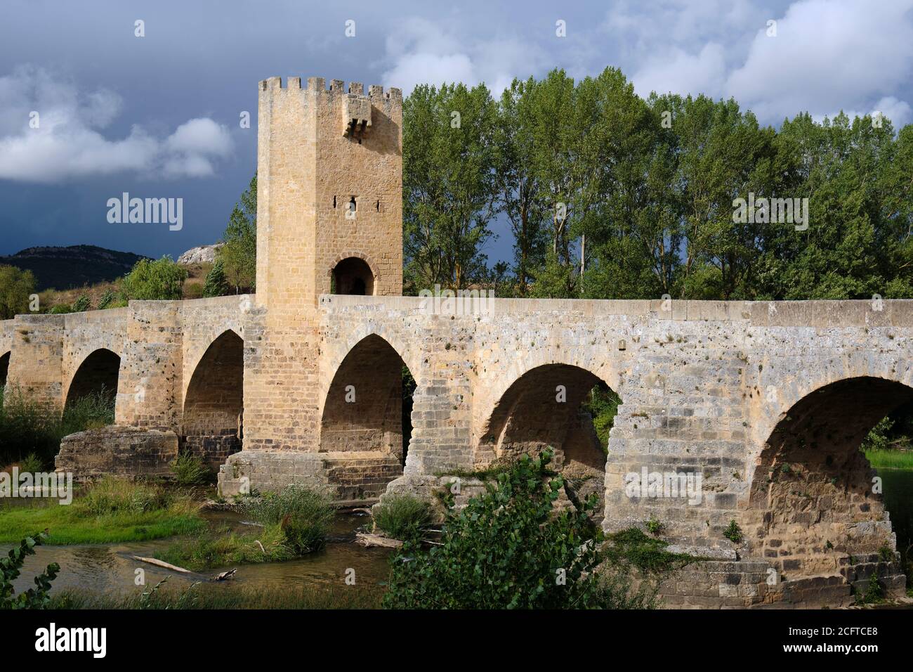 Medieval bridge and Ebro river. Stock Photo
