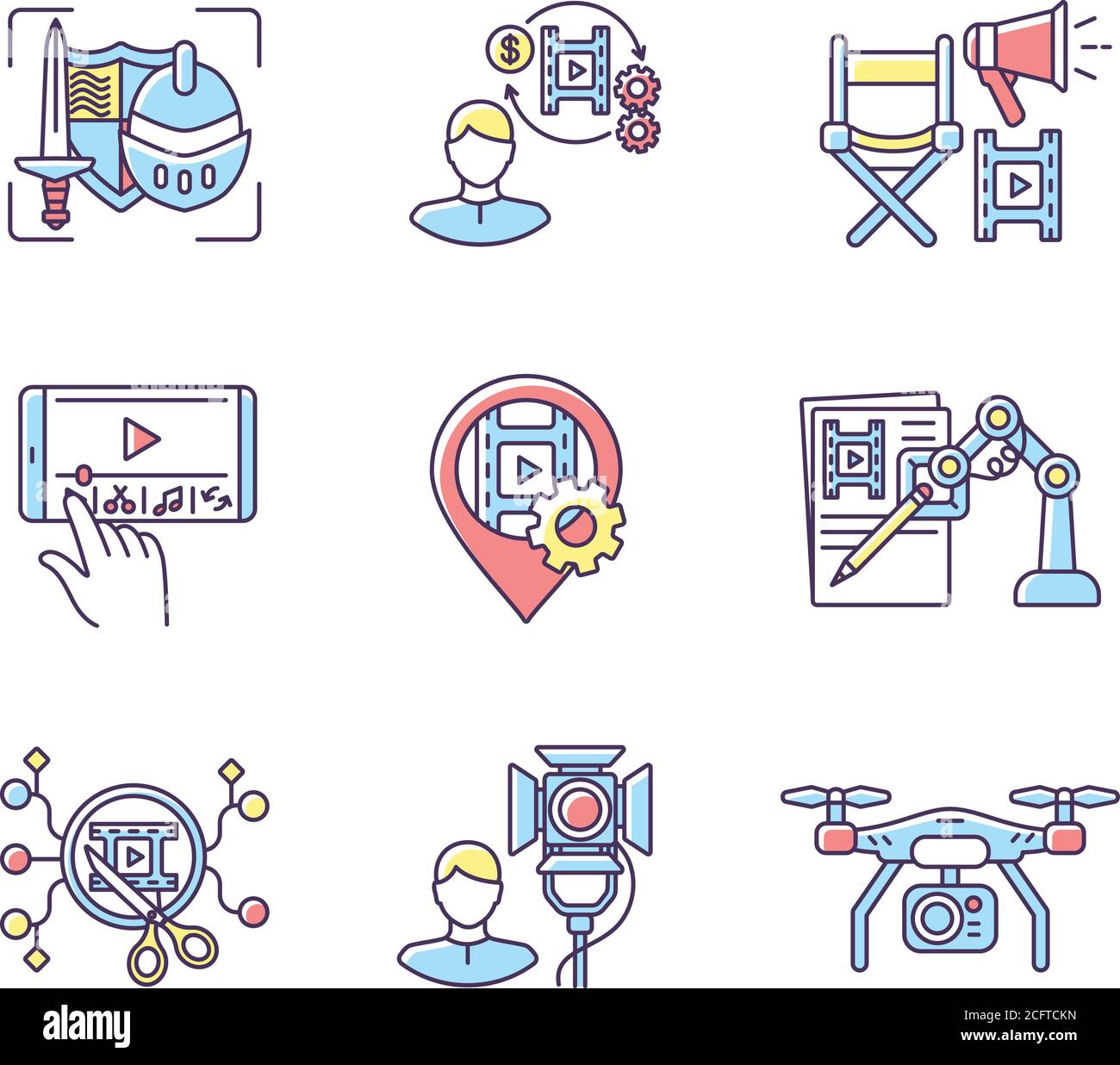 Film making process RGB color icons set Stock Vector