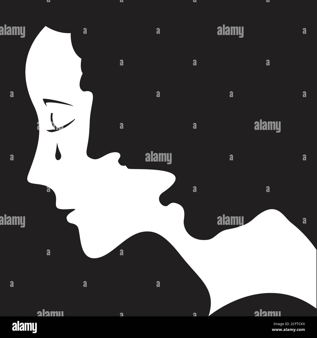 Woman is crying. Abusive, angry man behind her forms a shape of woman’s hair. Negative space design. Stop domestic violence concept. Stock Vector
