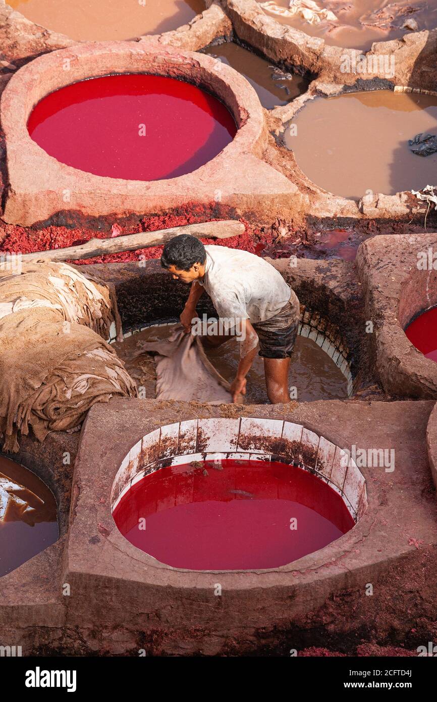 Man working in the tanneries, Fez, Morocco Stock Photo