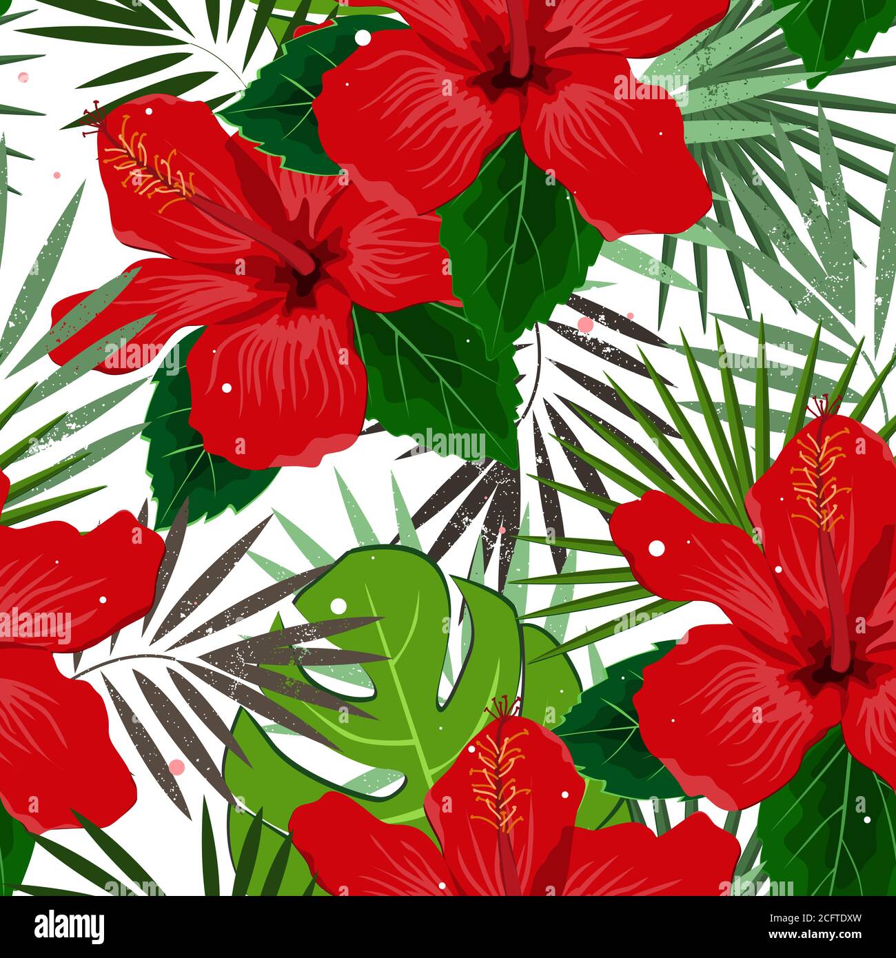 Seamless vector floral summer pattern background with tropical palm leaves and hibiscus flowers. Perfect for wallpapers, web page backgrounds, surface Stock Vector