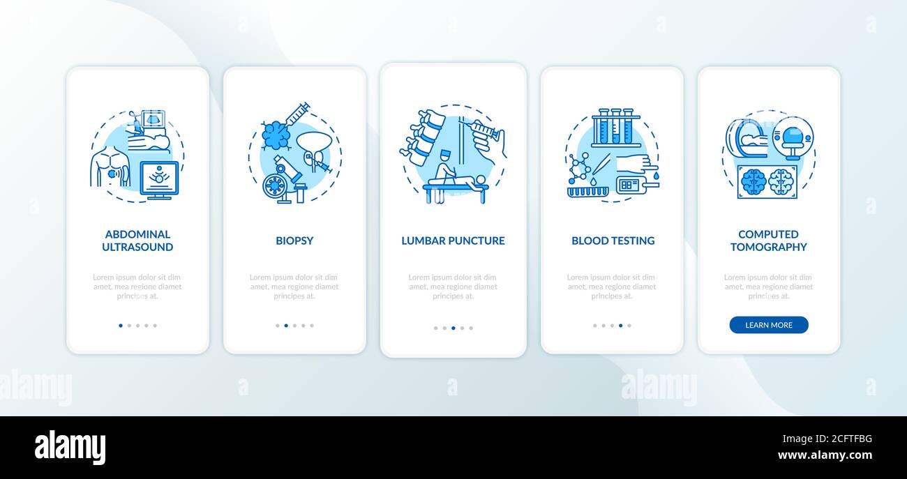 Diagnostic procedures onboarding mobile app page screen with concepts Stock Vector