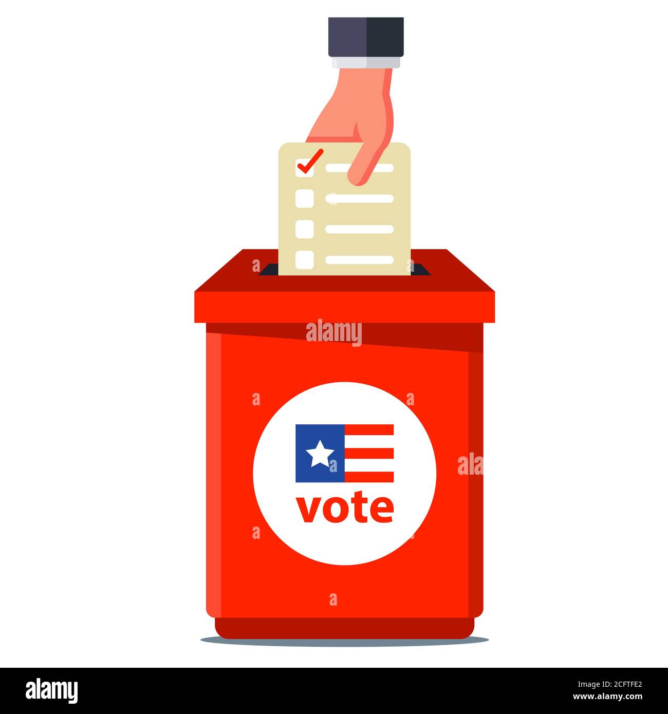 vote in the American elections. toss the billet into the red container. flat vector illustration isolated on white background. Stock Vector