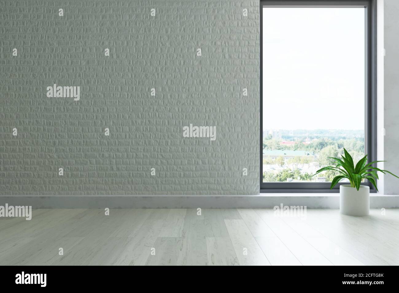 Simple White Brick Wall with Large Panoramic Window and Green Plant in ...