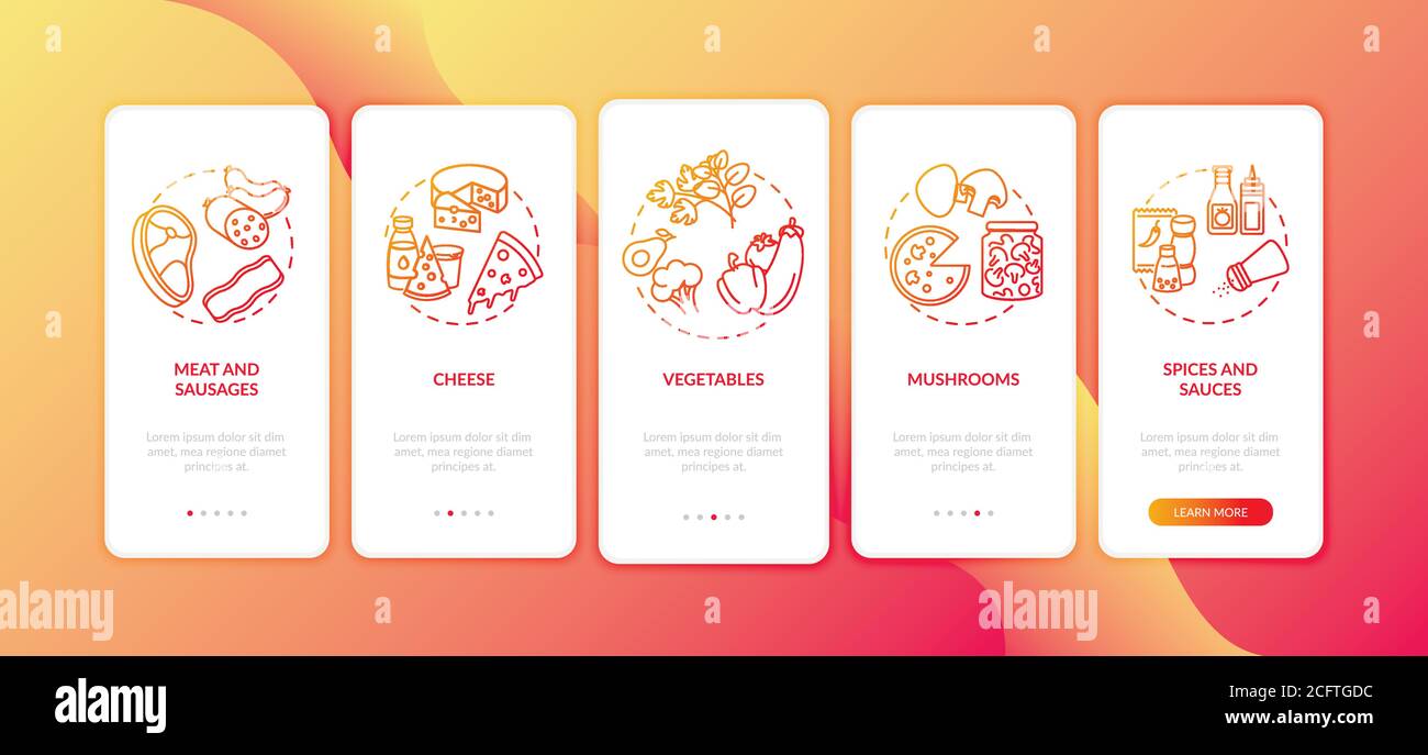 Pizza constructor onboarding mobile app page screen with concepts Stock Vector