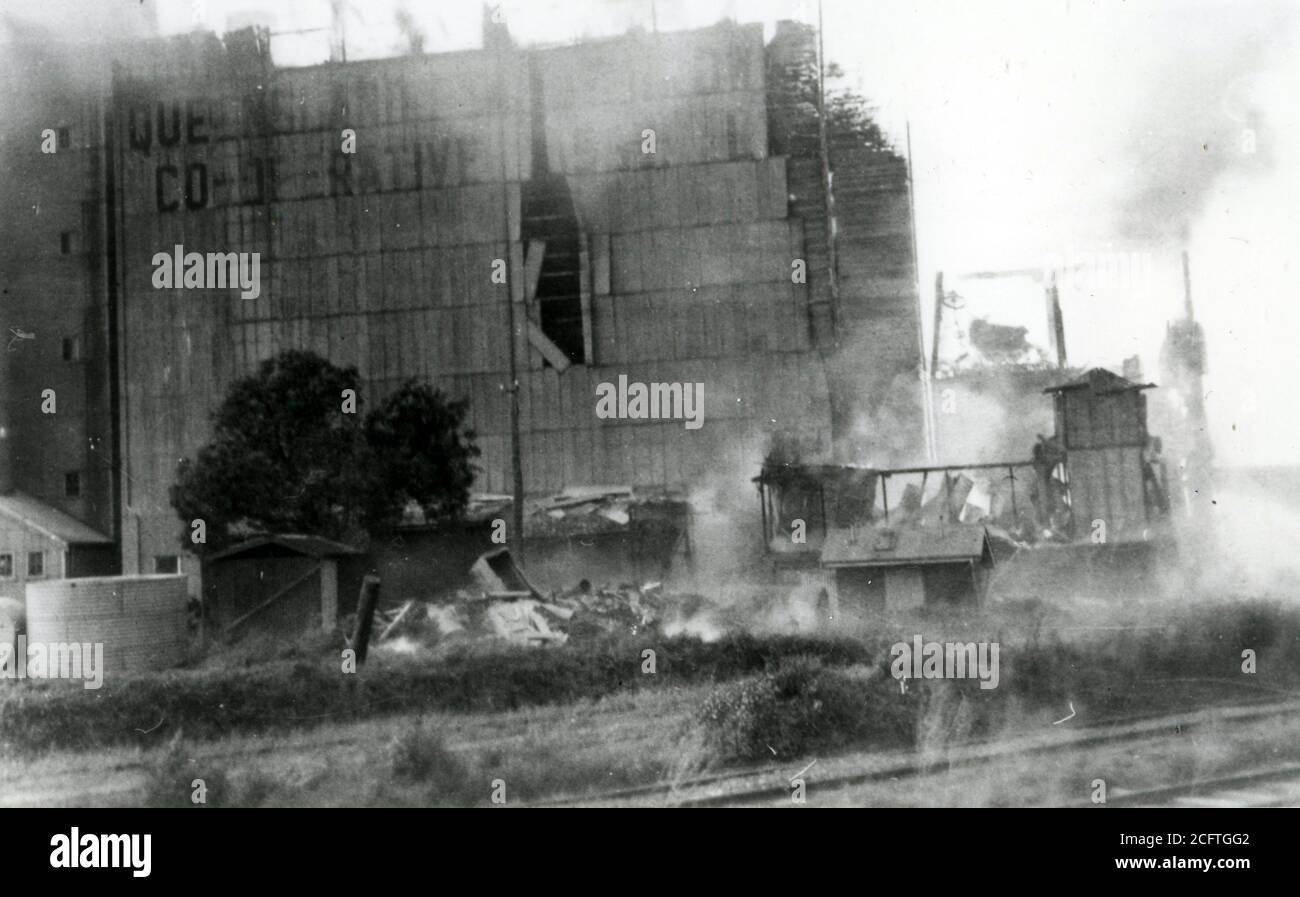 Kingaroy, Qld, Australia, 1951 Fire destroys a storage shed at the