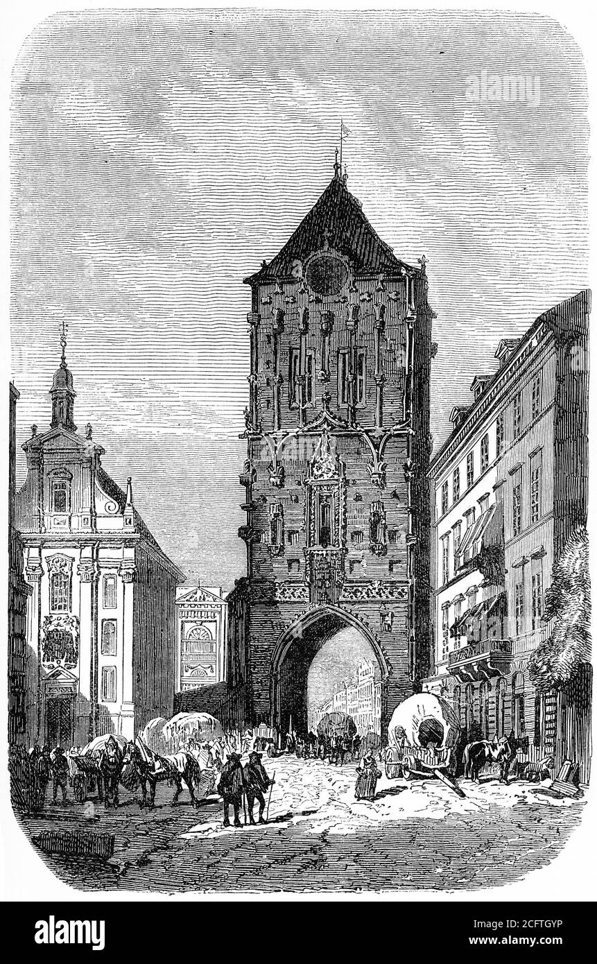 Engraving of the powder tower in Prague, circa 1570. Illustration from 'The history of Protestantism' by James Aitken Wylie (1808-1890), pub. 1878 Stock Photo