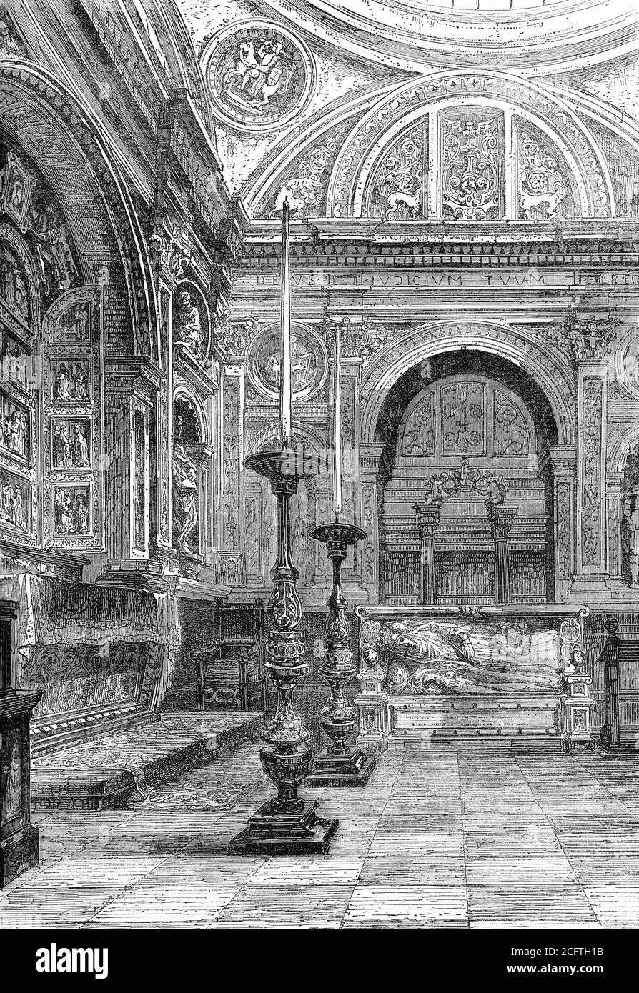 Engraving of the tomb of Anna Jagiellon in the Cathedral of Cracow. Anna (1523 – 1596) was Queen of Poland and Grand Duchess of Lithuania from 1575 to 1586. Illustration from 'The history of Protestantism' by James Aitken Wylie (1808-1890), pub. 1878 Stock Photo
