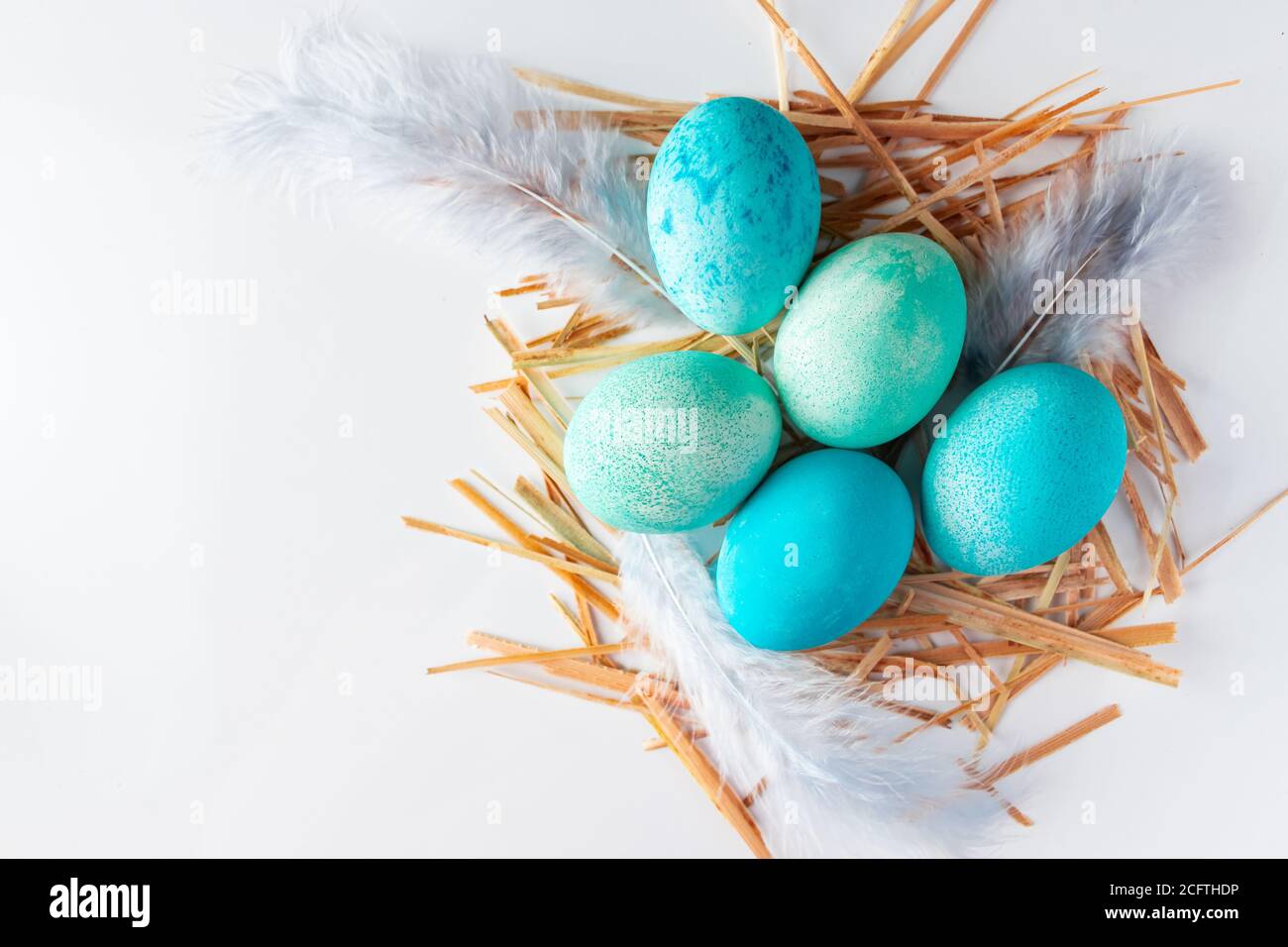 Blue easter eggs and feathers in a nest on a white background. A nest ...