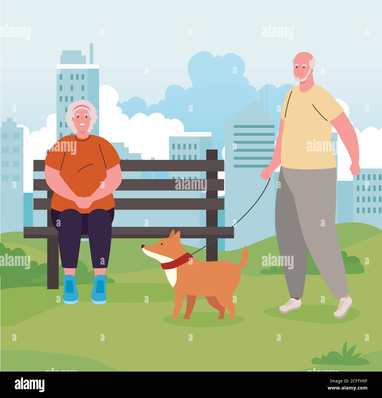 old couple in park outdoor with dog mascot Stock Vector Image & Art - Alamy