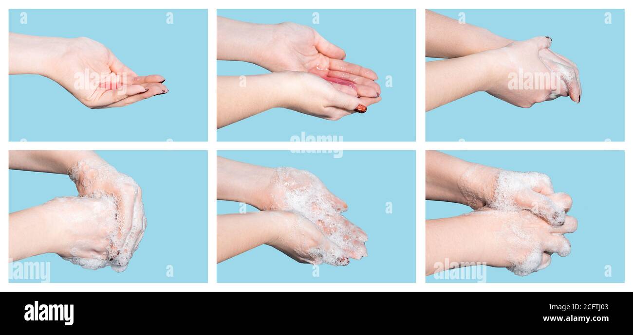 Step-by-step instructions for handwashing. Coronavirus protection. A woman washes and disinfects her hands with soap. Personal hygiene and healthcare. Stock Photo