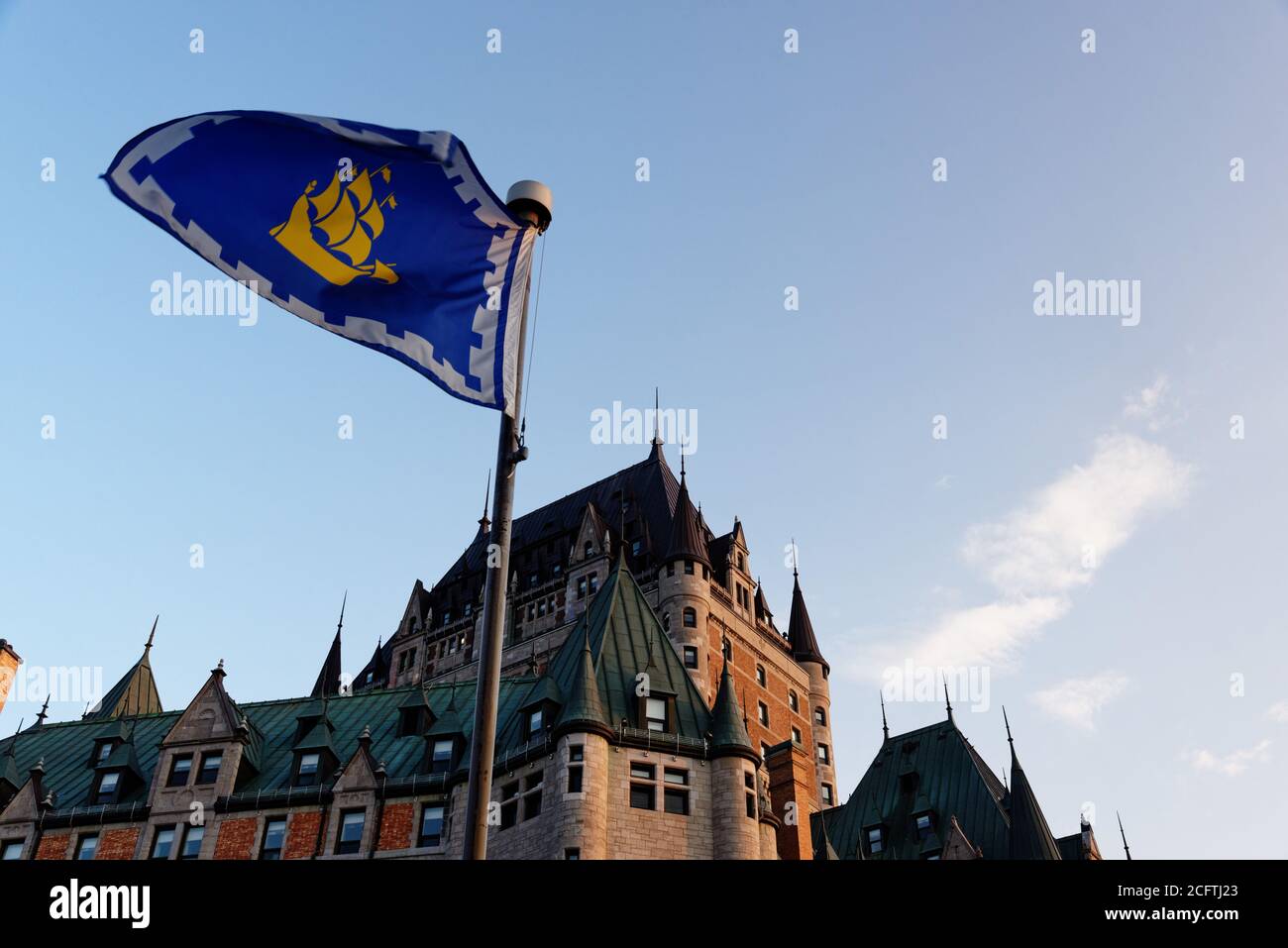 TheChateau Frontenac in Quebec City with Quebec City flags flying Stock Photo