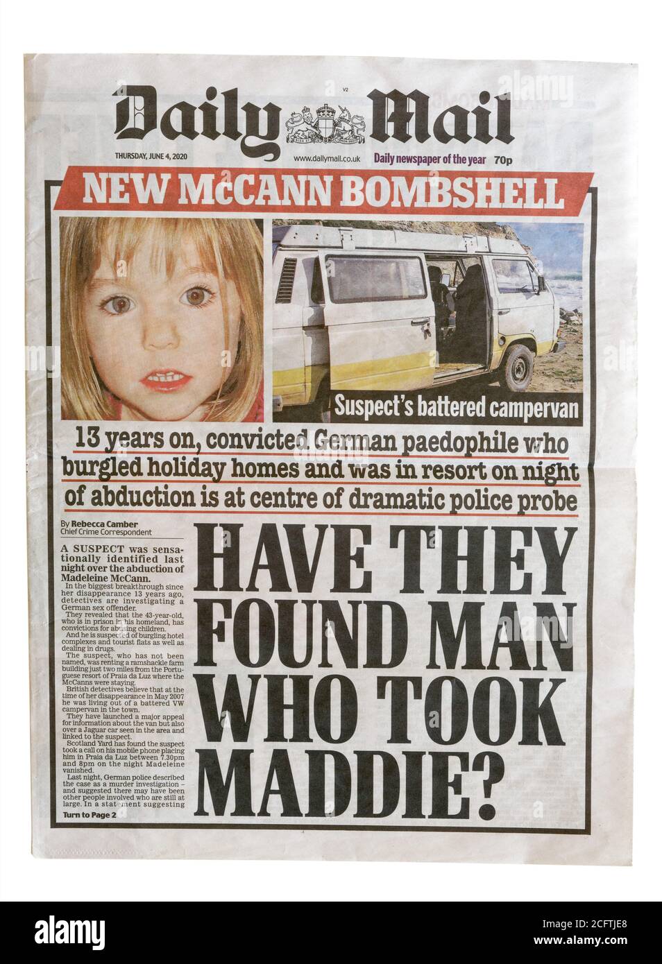The front page of the Daily Mail from June 2020 with the headline Have They Found Who Took Maddie? Stock Photo