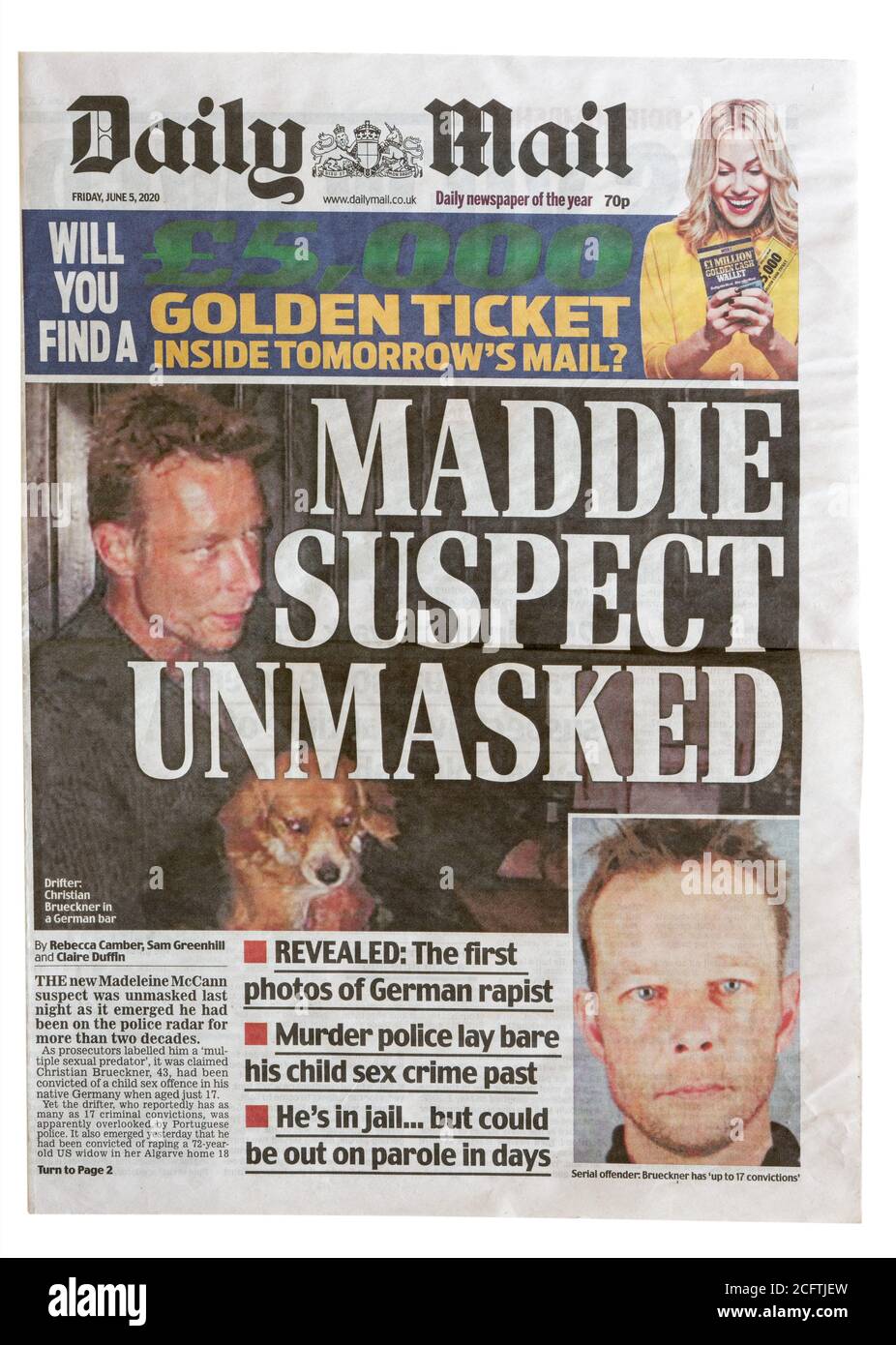 The front page of the Daily Mail from June 2020 with the headline Maddie Suspect Unmasked Stock Photo