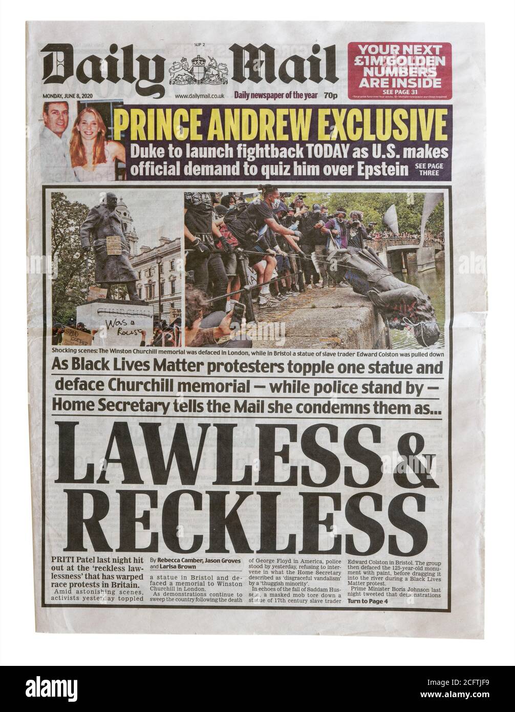 The front page of the Daily Mail from June 2020 with the headline Lawless and Reckless, about the Black Lives Matter protests Stock Photo