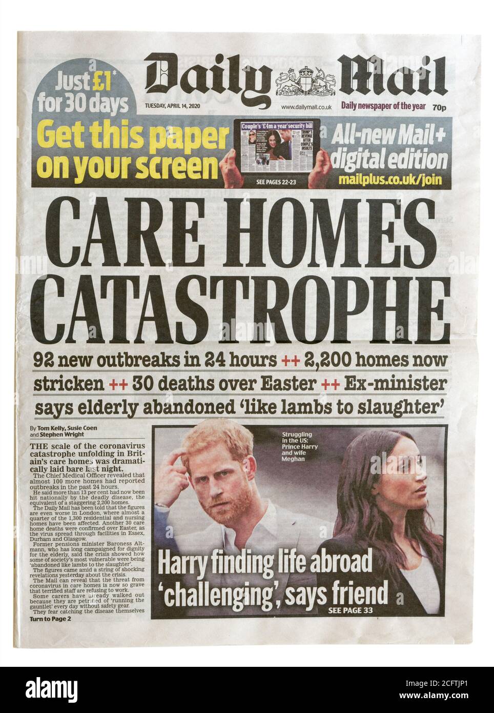 The front page of the Daily Mail from April 2020 with the headline Care Homes Catastrophe Stock Photo