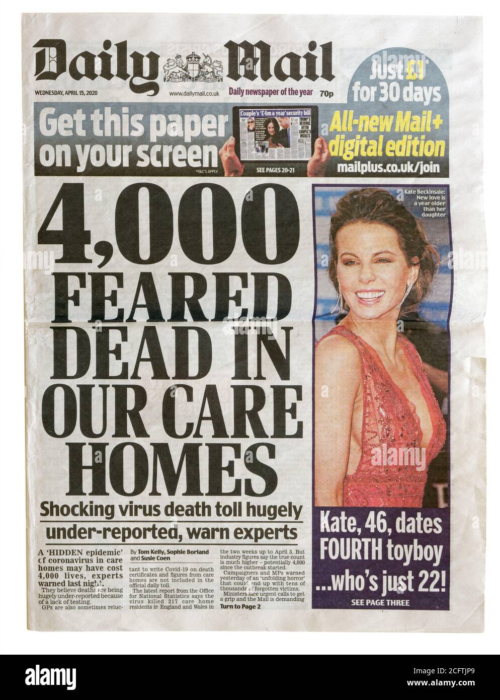The front page of the Daily Mail from April 2020 with the headline 4000 Feared Dead In Our Care Homes Stock Photo