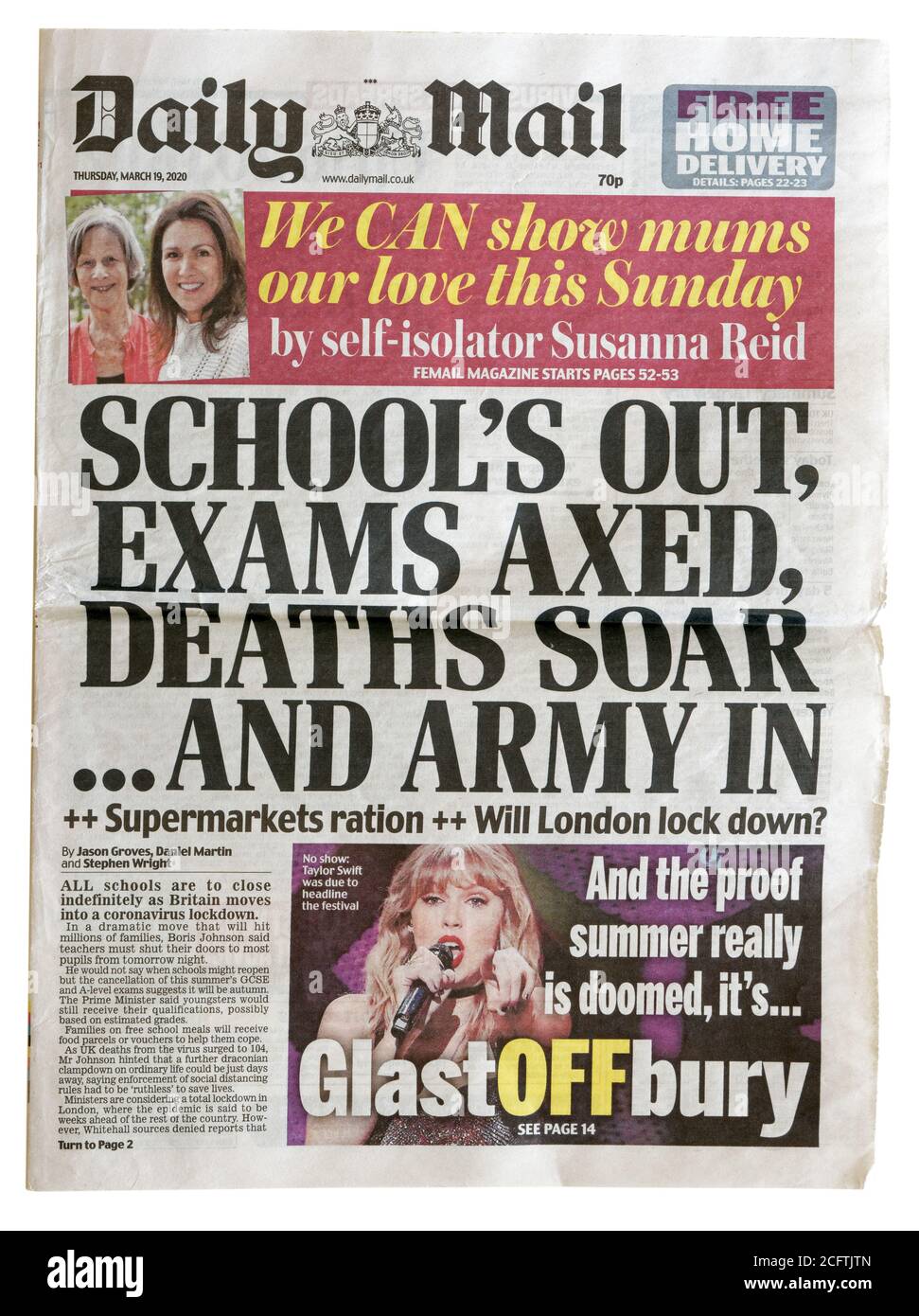 The front page of the Daily Mail from March 2020 with the headline Schools Out, Exams Axed, Deaths Soar and Army In Stock Photo