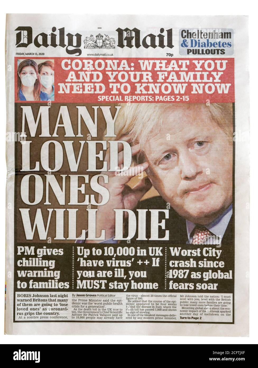 The front page of the Daily Mail from March 2020 with the headline Many Loved Ones Will Die, about Boris Johnsons speech accepting Covid Stock Photo