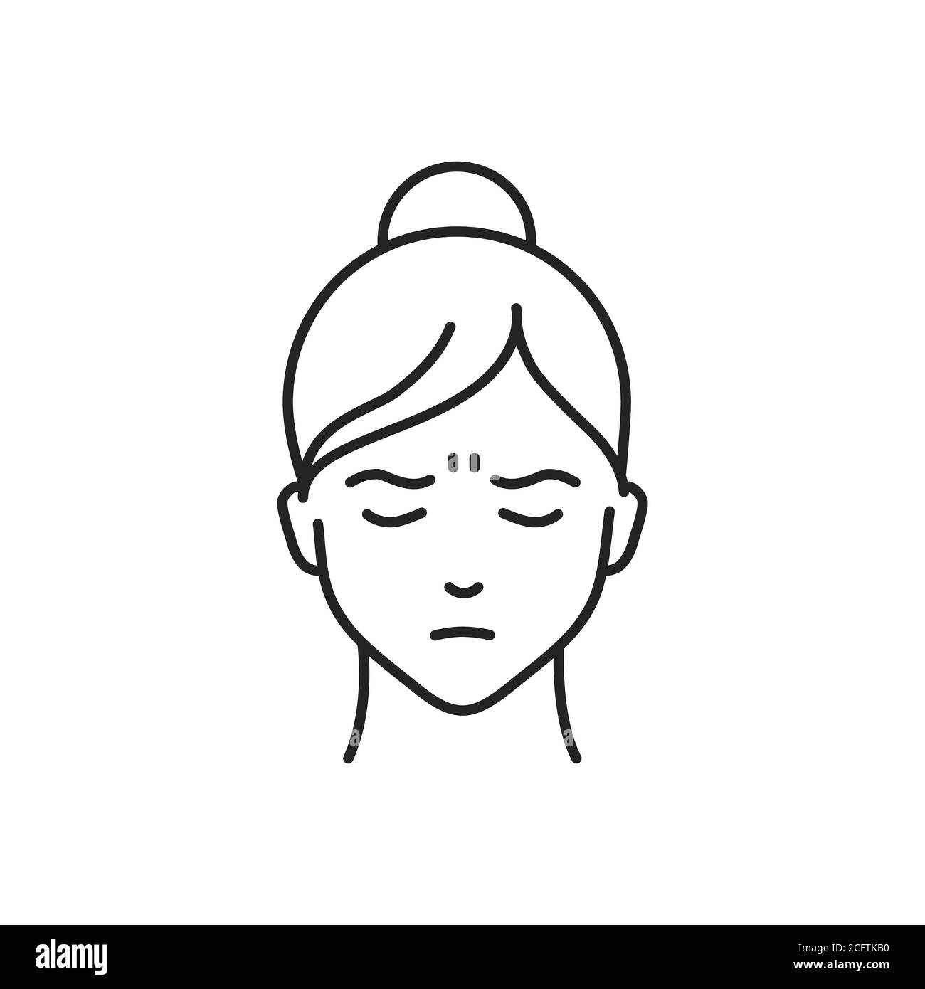 Human feeling grief line black icon. Face of a young girl depicting emotion sketch element. Cute character on white background. Stock Vector