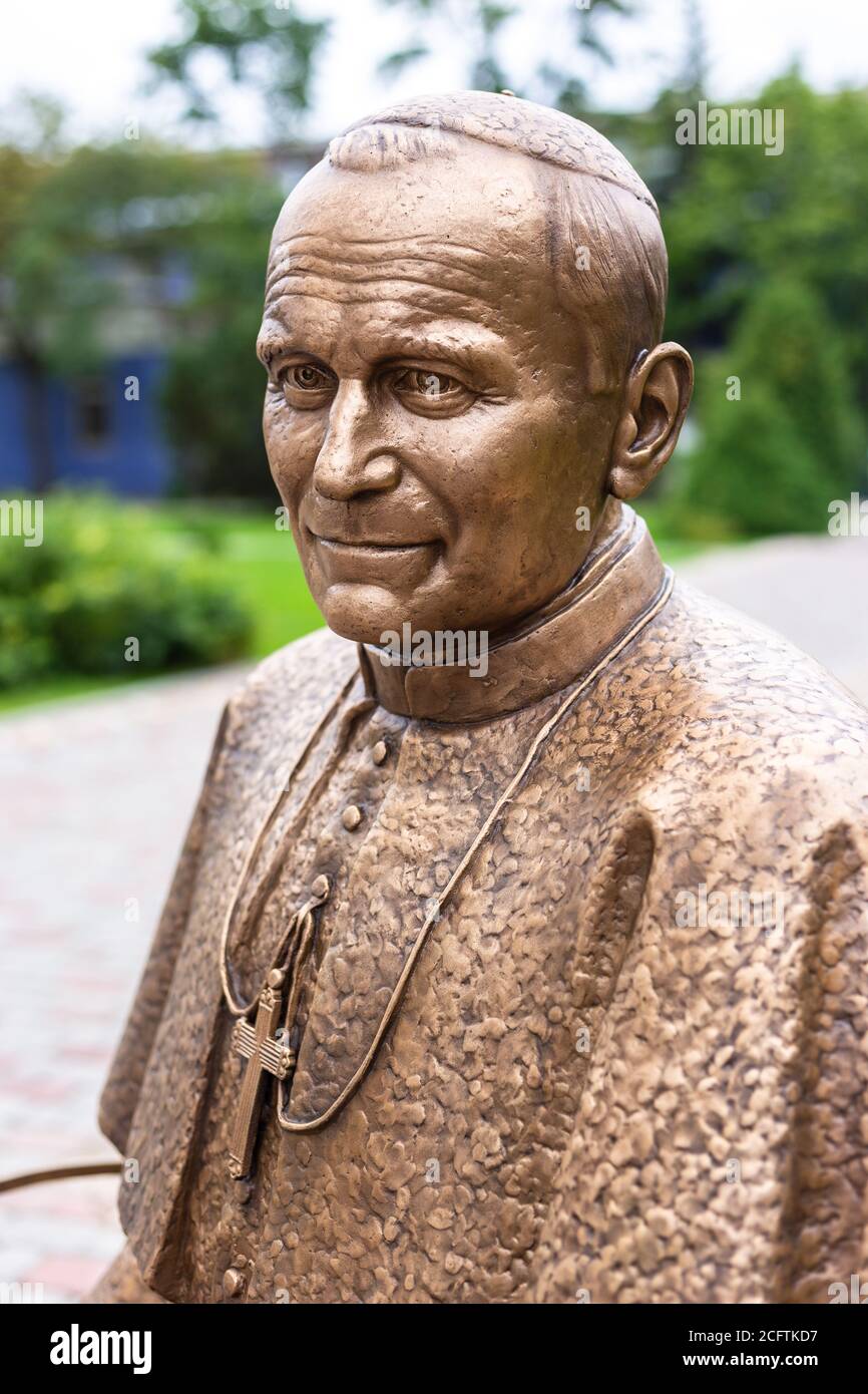Minsk.Belarus. 09.06.20. Sculpture of John Paul II near the church of St. Rocha Stock Photo