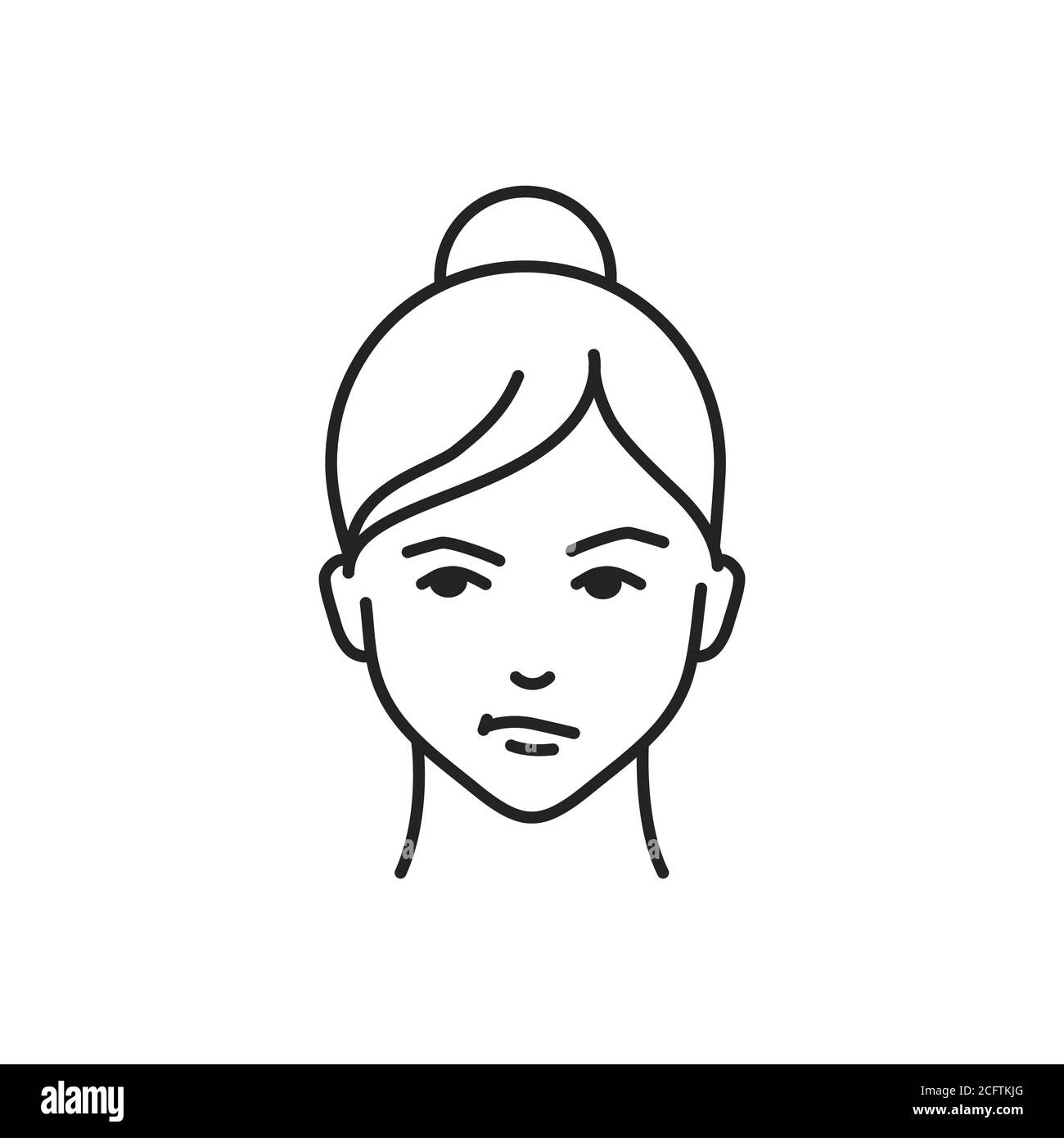 Human feeling suspicion line black icon. Face of a young girl depicting emotion sketch element. Cute character on white background Stock Vector