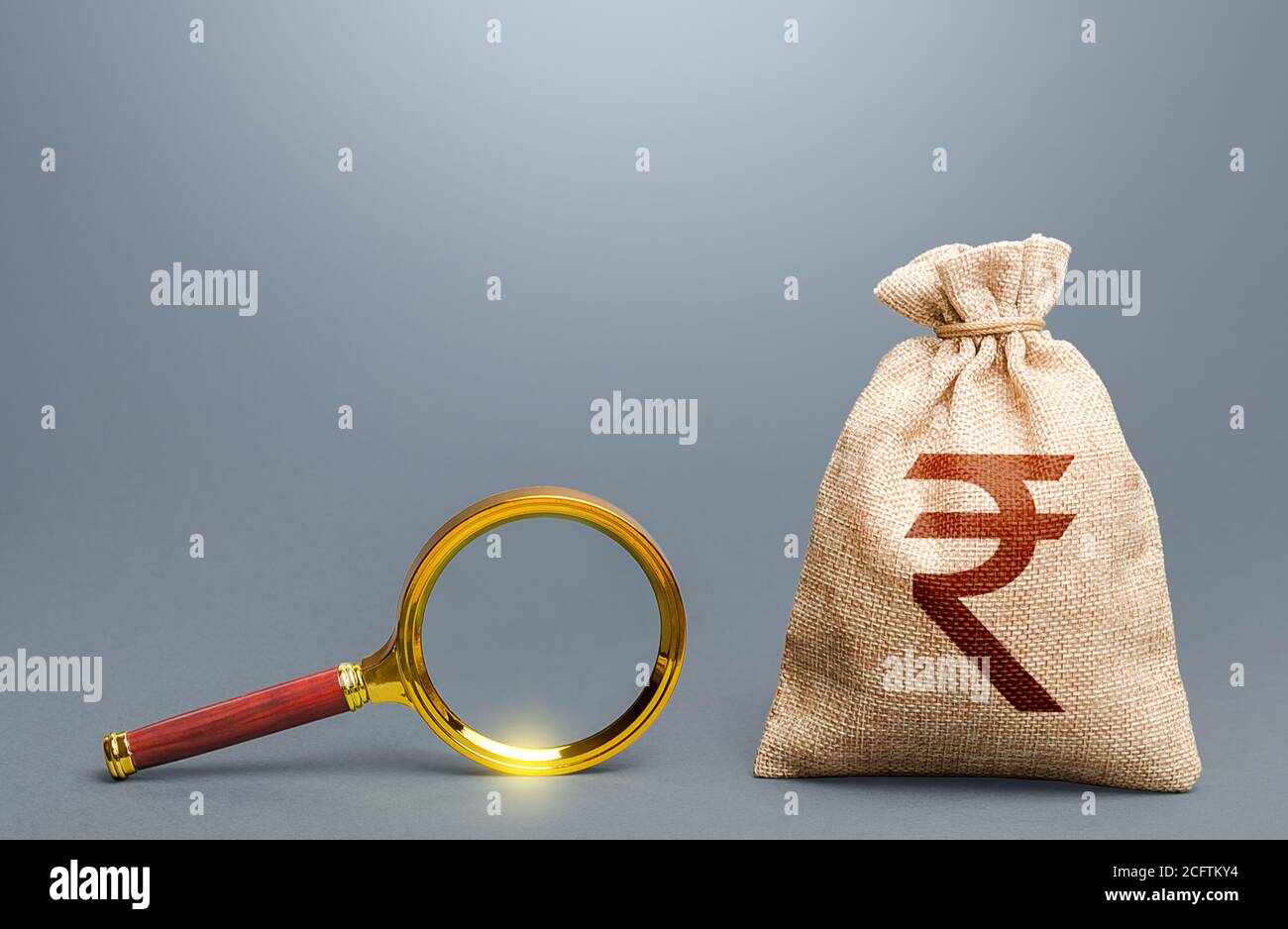 Indian rupee money bag and magnifying glass. Find high-paying job. Most favorable conditions for deposits, loans. Origin of capital and legality of fu Stock Photo