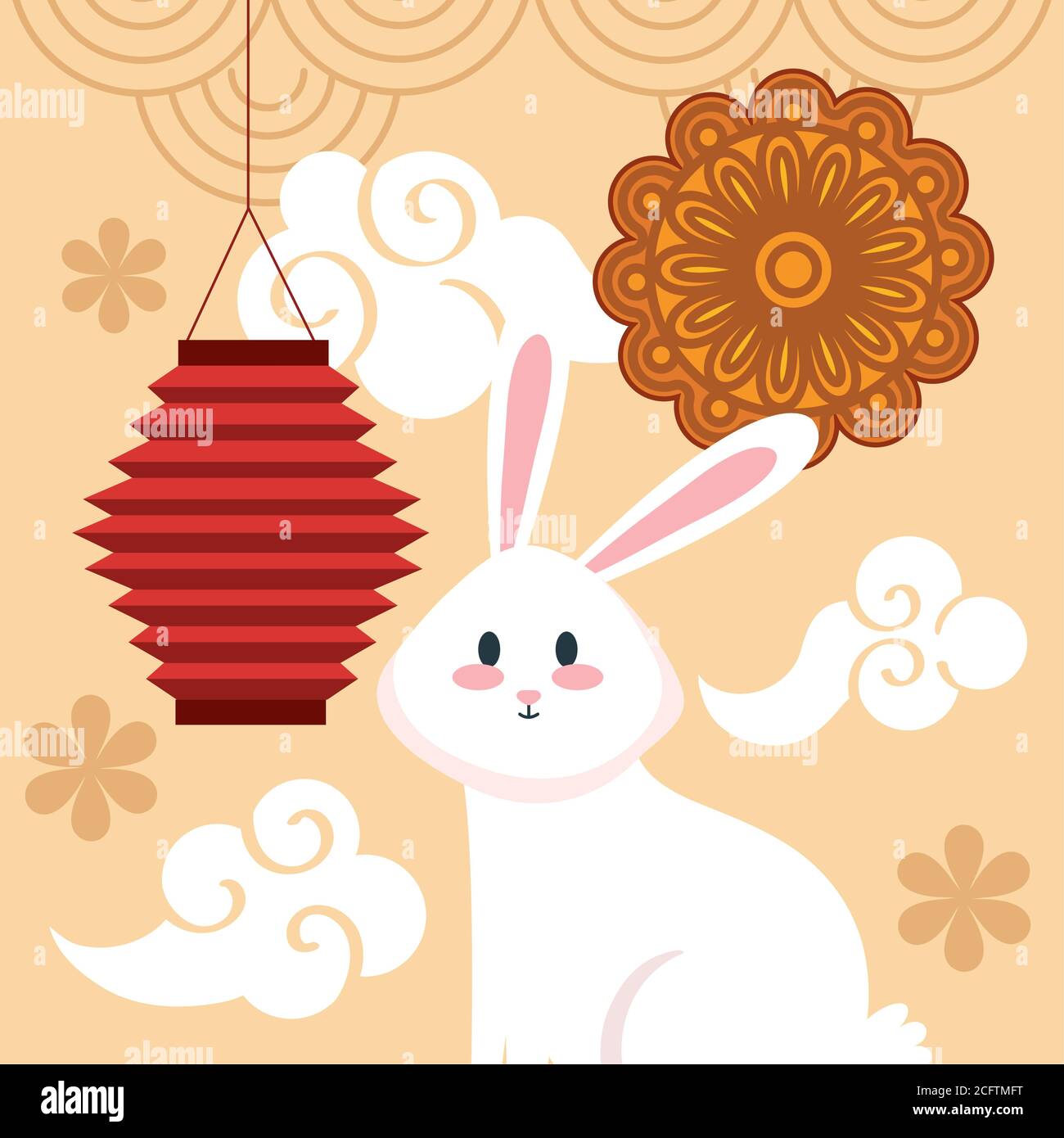 chinese mid autumn festival with bunny, lantern hanging, mooncake ...
