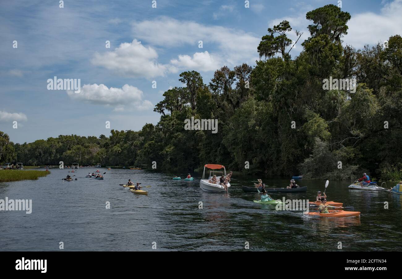 Labor Day weekend boating on the Rainbow River. Dunnellon, Florida. Marion County, FL. A popular vacation travel destination in North Central Florida, Stock Photo