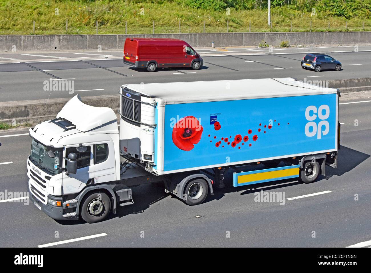 Coop co op food supply chain Scania store delivery lorry truck & short trailer red poppy graphic supporting Royal British Legion charity UK motorway Stock Photo