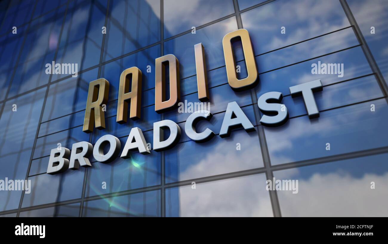 Radio broadcast sign on glass building. Broadcasting station, on air ...