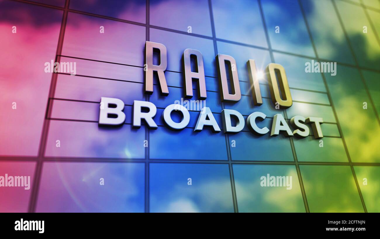 Radio broadcast sign on glass building. Broadcasting station, on air