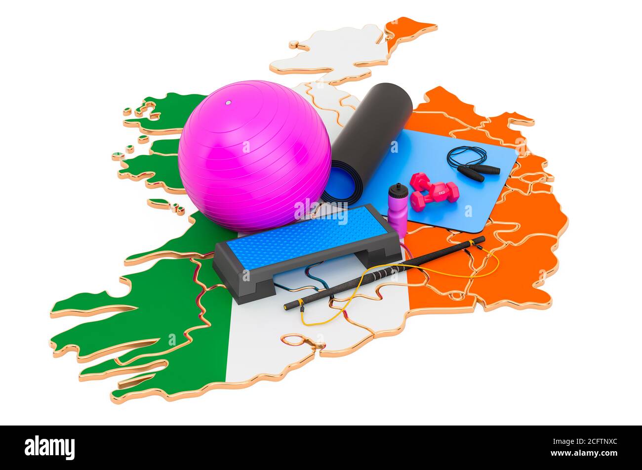 Fitness in Ireland. Gym equipments on Irish map. 3D rendering isolated on white background Stock