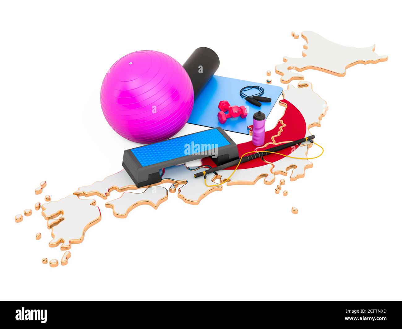 Fitness in Japan. Gym equipments on Japanese map. 3D rendering isolated