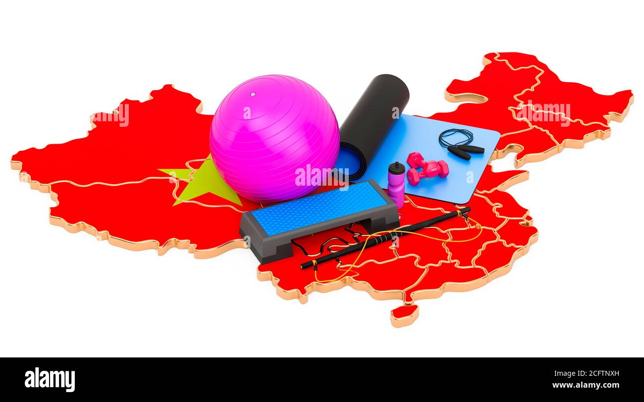 Fitness in China. Gym equipments on Chinese map. 3D rendering isolated