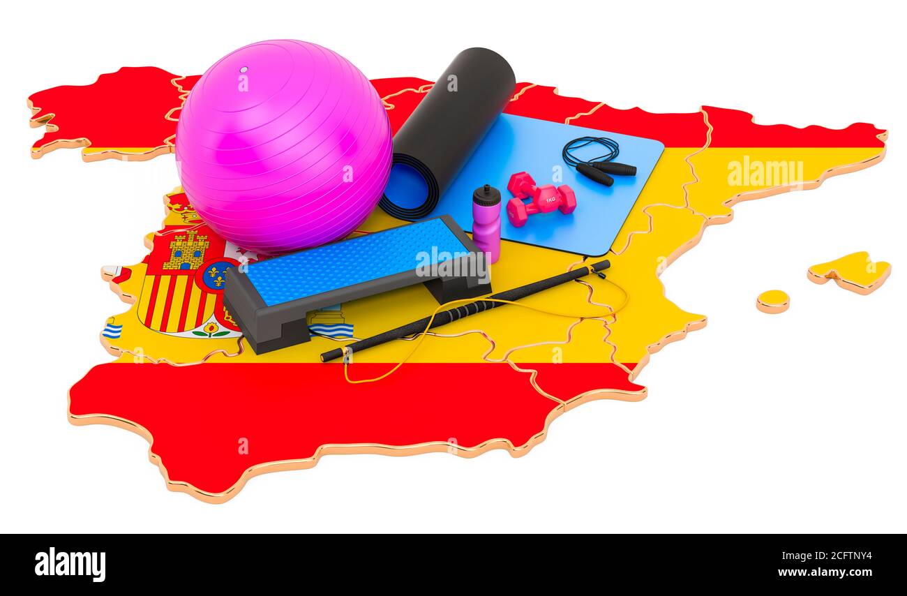 Fitness in Spain. Gym equipments on Spanish map. 3D rendering isolated