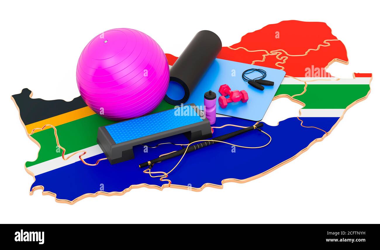 Fitness in South Africa. Gym equipments on South African map. 3D