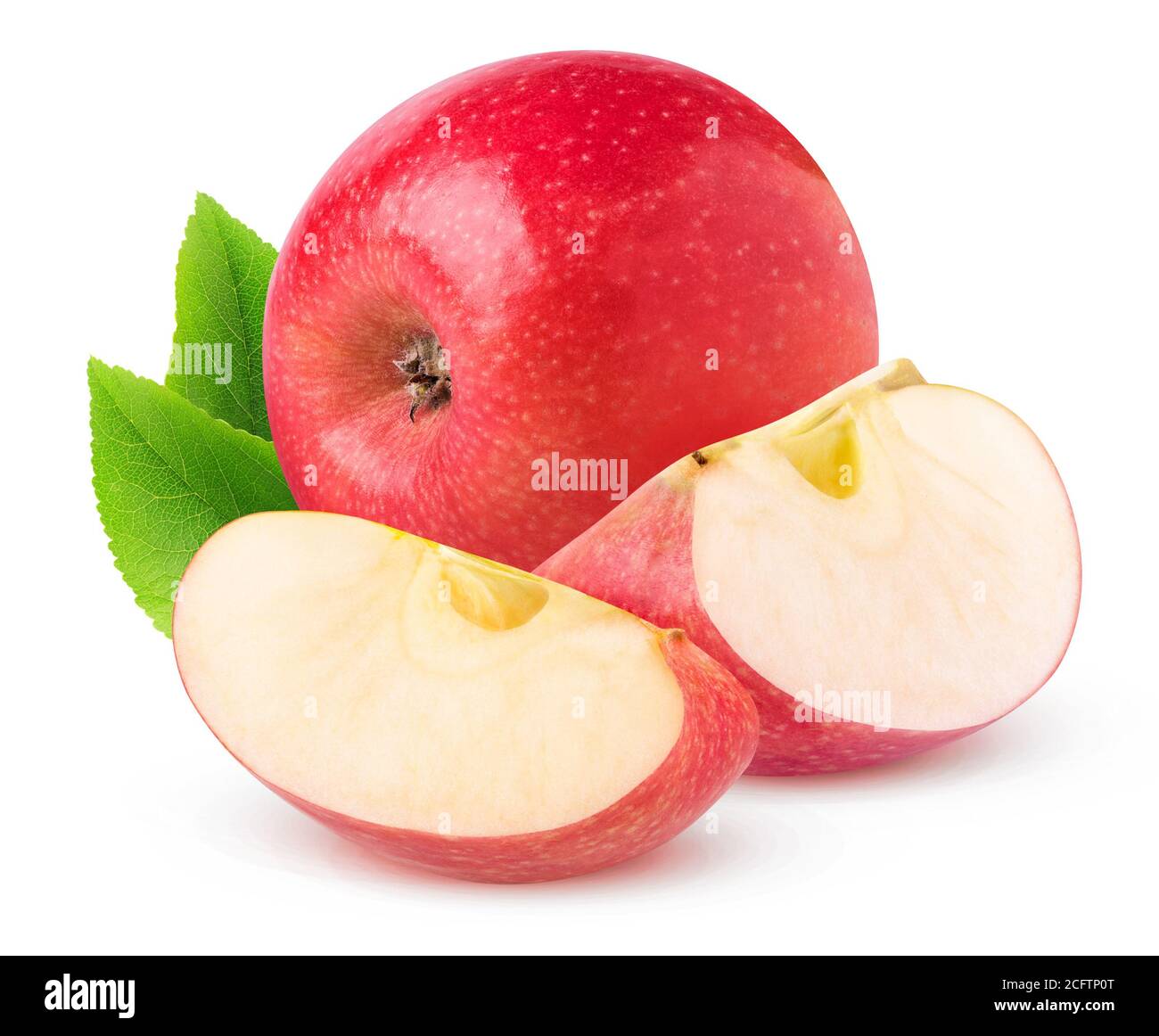 One red apple fruit and two pieces isolated on white background Stock Photo