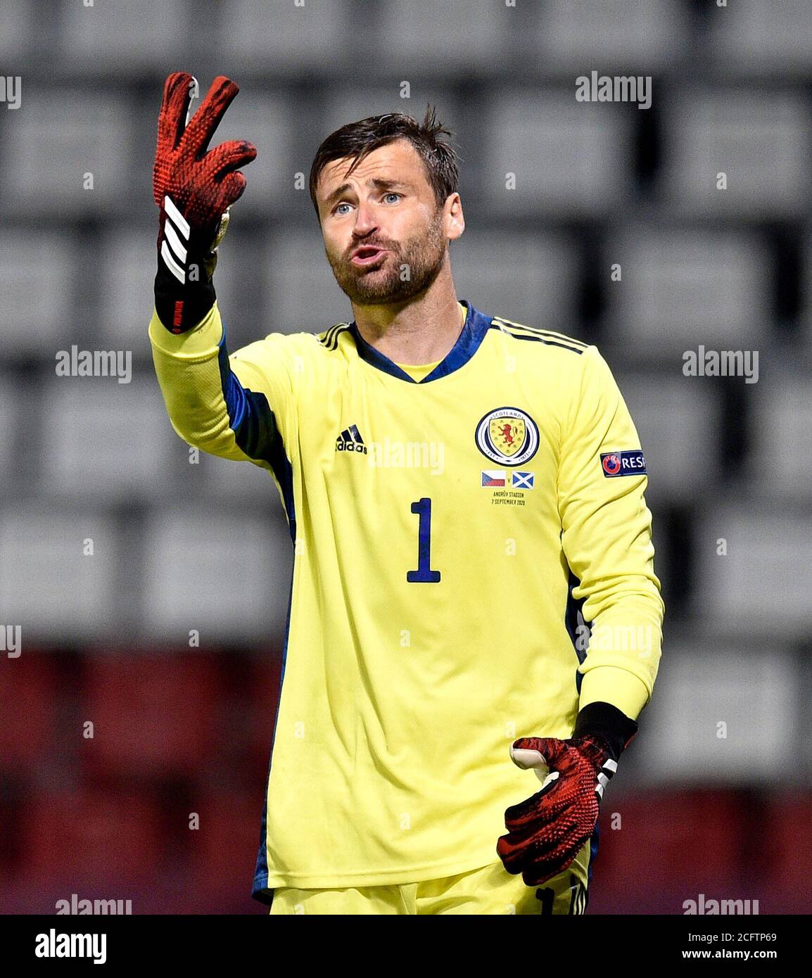 Scotland goalkeeper David Marshall gestures during the UEFA Nations League  Group 2, League B match at Andruv Stadium, Olomouc Stock Photo - Alamy