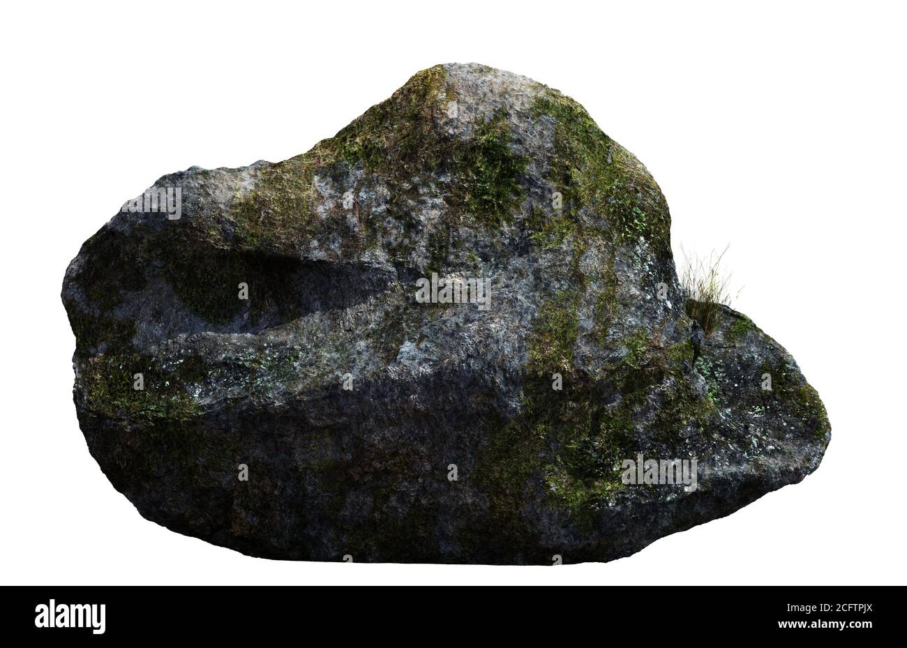 boulder covered with moss, lichen and grass, rock isolated on white background Stock Photo