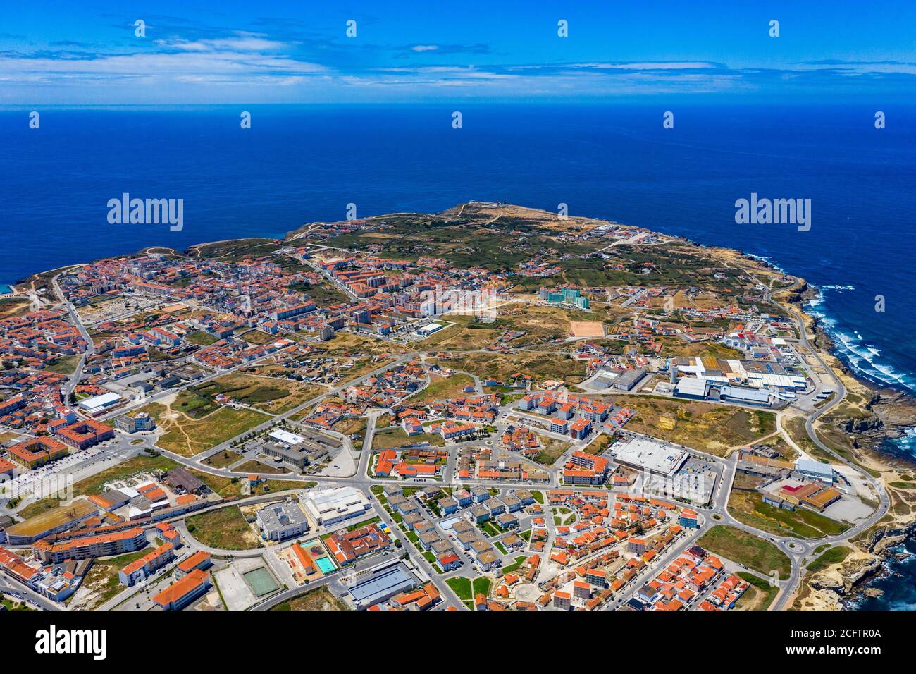 Aerial view of Peniche with the fortress, Peniche peninsula, Portugal. Peniche city buildings at Atlantic ocean coast, Portugal. Stock Photo