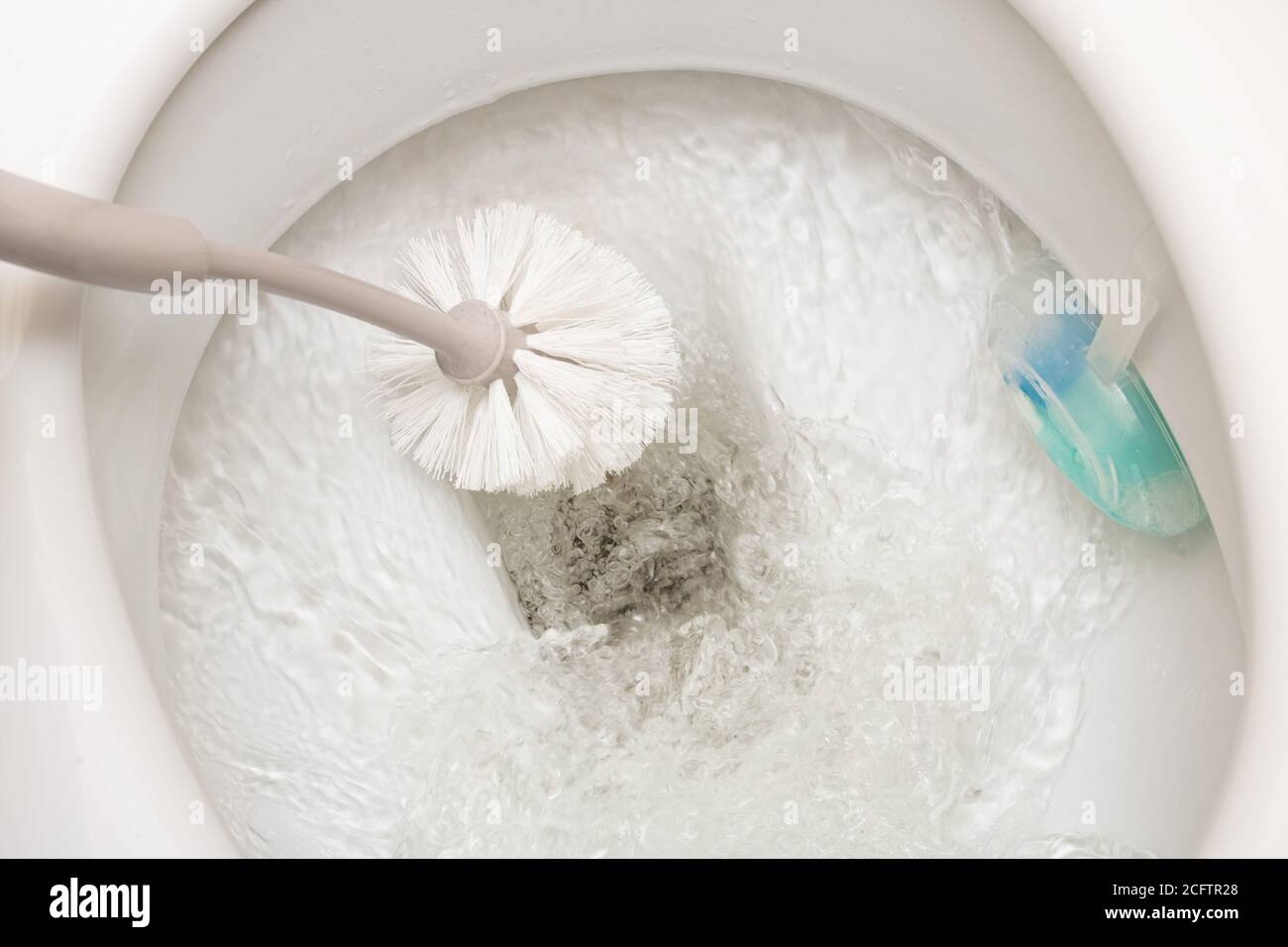 Brush cleans a white toilet close up Stock Photo Alamy