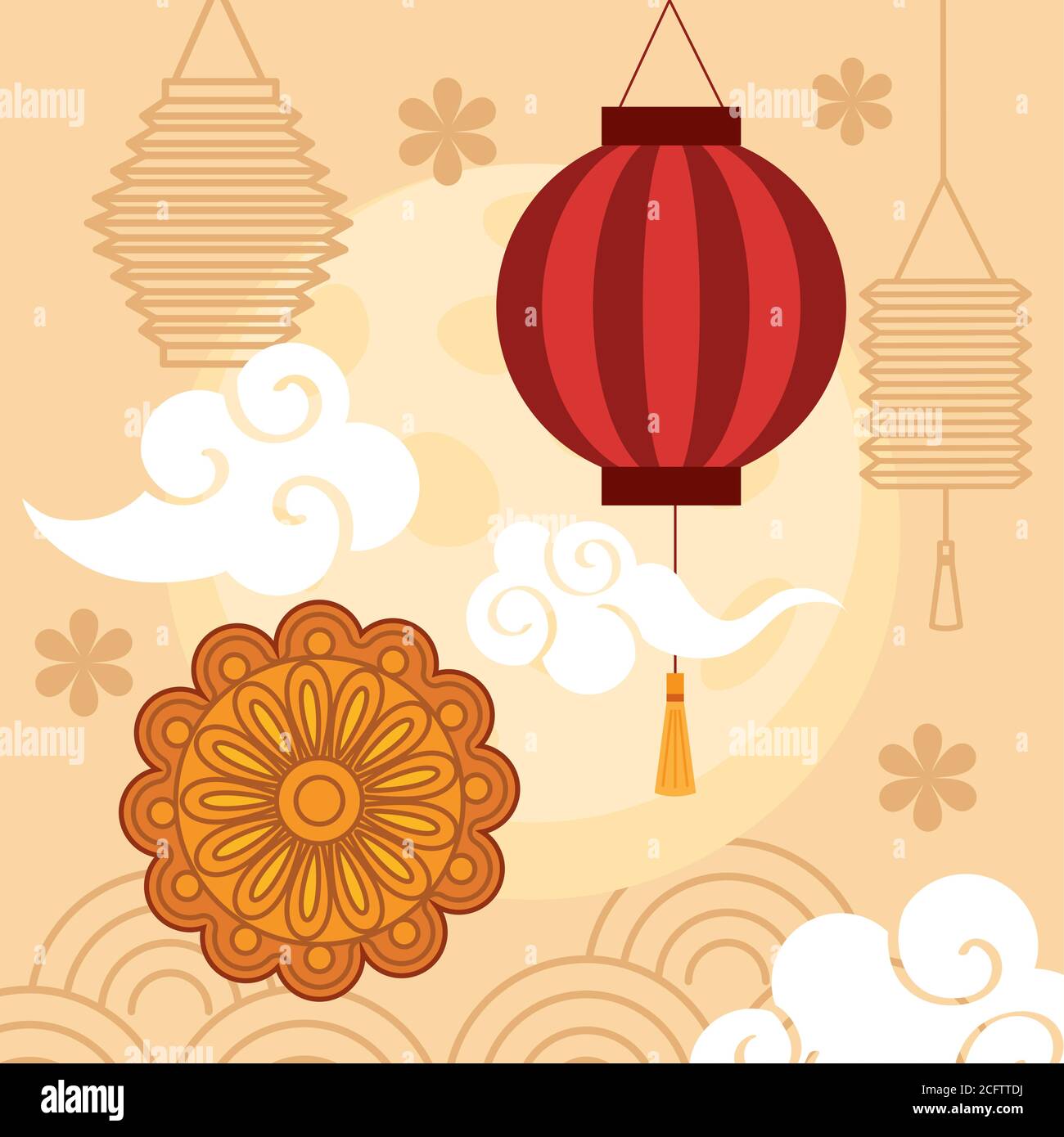 chinese mid autumn festival with lanterns hanging, mooncake, clouds and ...