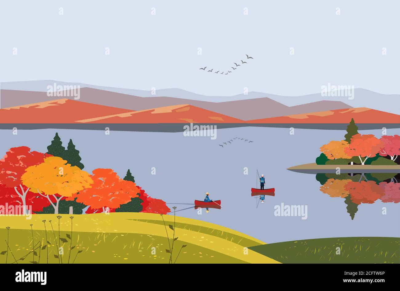 Autumn mountains lake landscape flat color vector Stock Vector