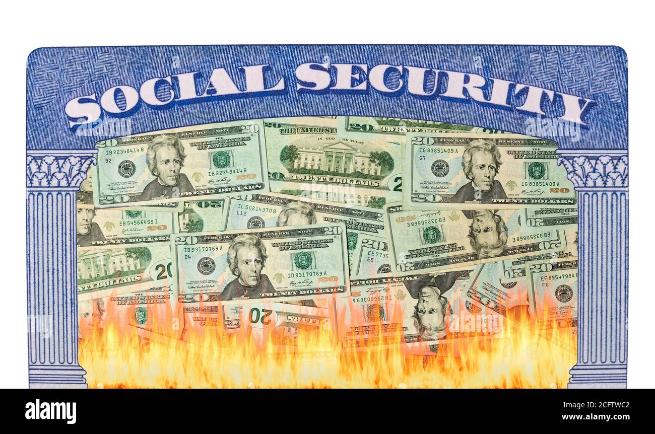 Concept of social security and retirement funding issues in USA with many US dollars on fire inside the framework of a social security card Stock Photo
