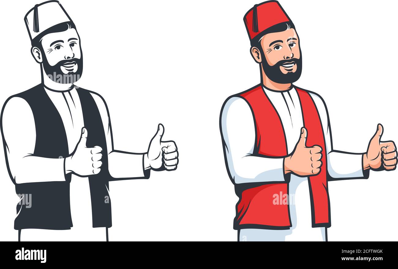 Turkish man in fez smiling affably. Positive Turk thumb up gesture. Stock Vector