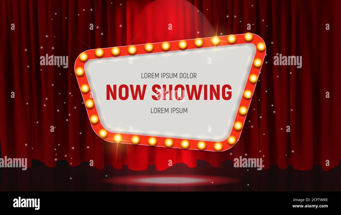 Now Showing announcement board with bulb frame on curtains background